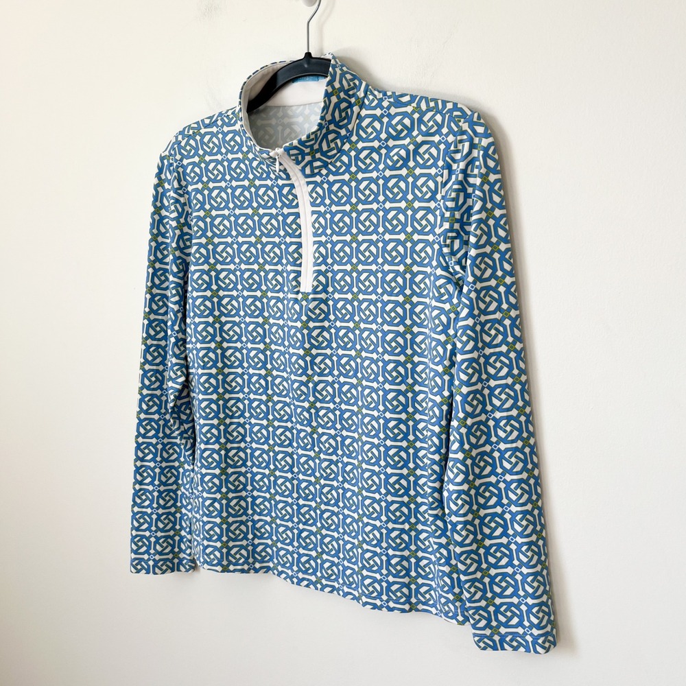J.McLaughlin Catalina Cloth 1/4 Zip Pullover Geometric Print Large Blue Yellow - Picture 2 of 10